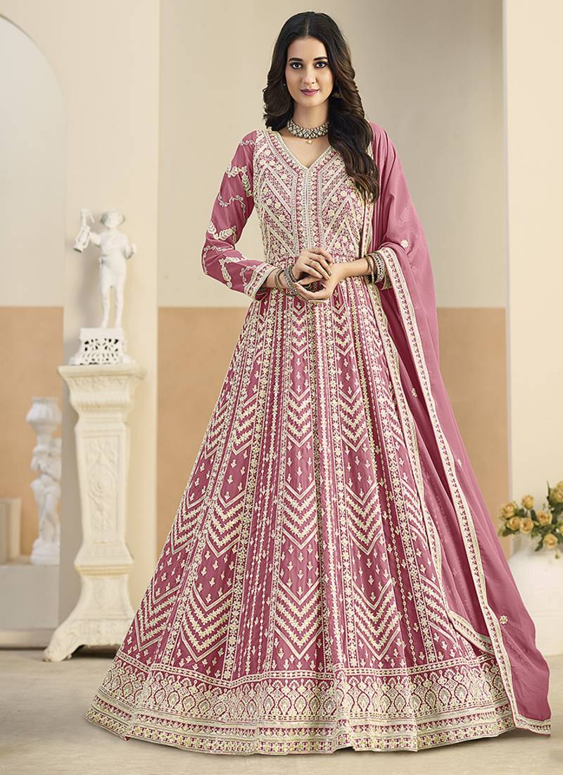 Faux georgette embroidered pink anarkali salwar kameez