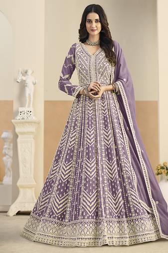 Faux georgette embroidered light purple anarkali salwar kameez