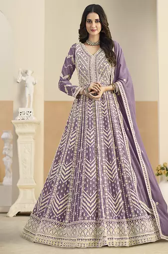 Faux georgette embroidered light purple anarkali salwar kameez