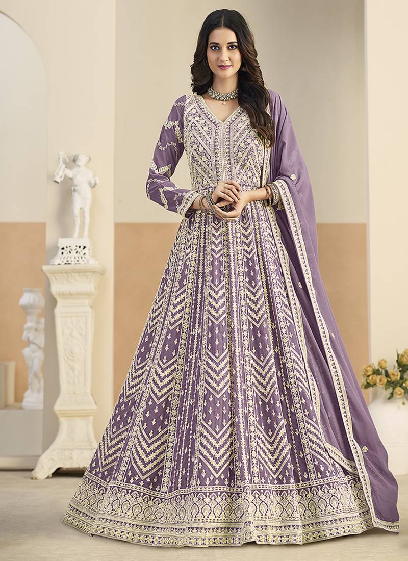 Faux georgette embroidered light purple anarkali salwar kameez