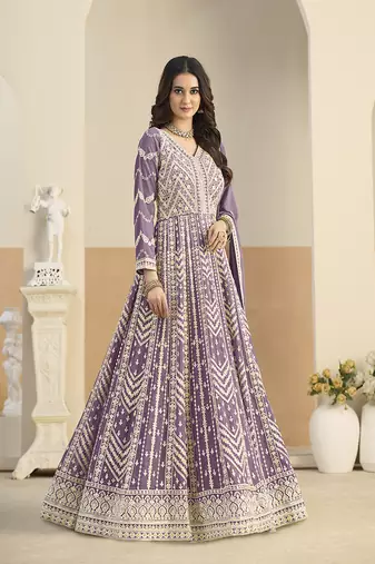 Faux georgette embroidered light purple anarkali salwar kameez