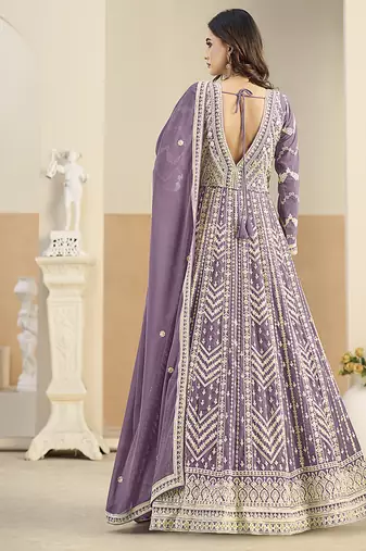 Faux georgette embroidered light purple anarkali salwar kameez