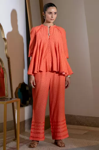 Orange embroidered linen kali co ord set