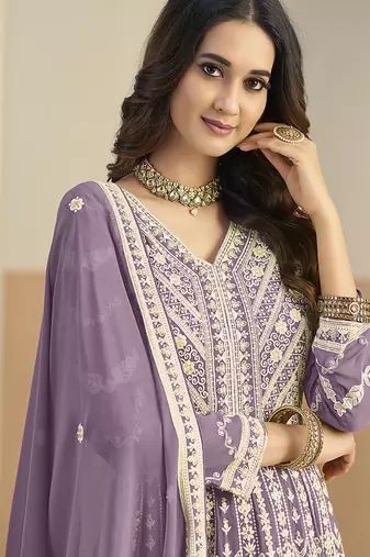 Faux georgette embroidered light purple anarkali salwar kameez