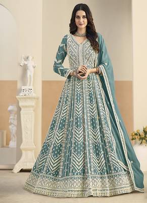 Faux georgette embroidered turquoise anarkali salwar kameez 1