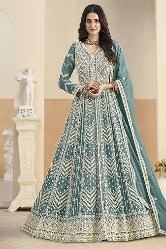 Faux georgette embroidered turquoise anarkali salwar kameez