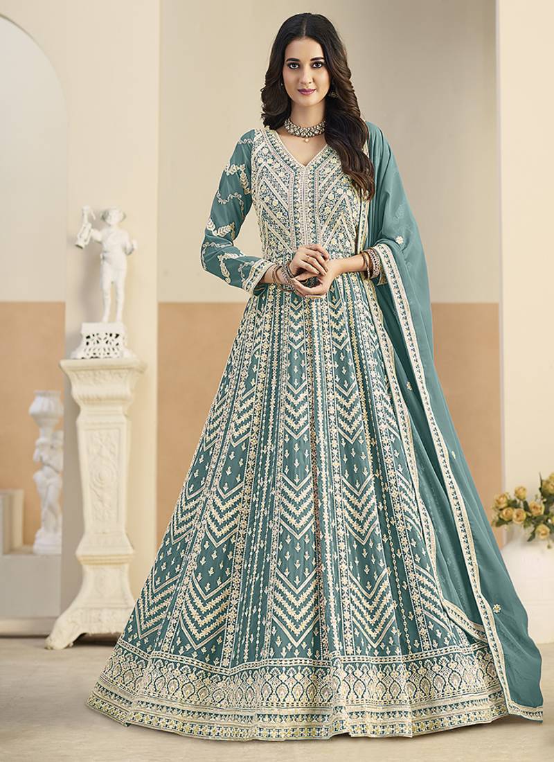 Faux georgette embroidered turquoise anarkali salwar kameez