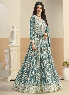 Faux georgette embroidered turquoise anarkali salwar kameez 2