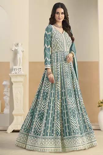 Faux georgette embroidered turquoise anarkali salwar kameez