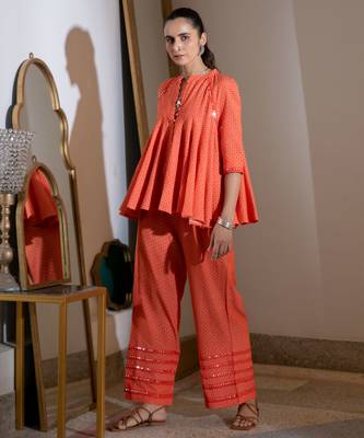 Orange embroidered linen kali co ord set 3
