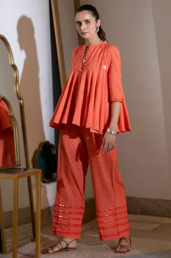 Orange embroidered linen kali co ord set