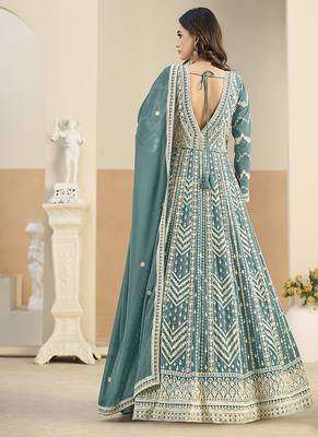 Faux georgette embroidered turquoise anarkali salwar kameez 3