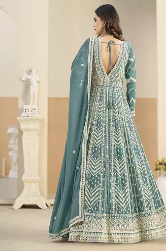 Faux georgette embroidered turquoise anarkali salwar kameez