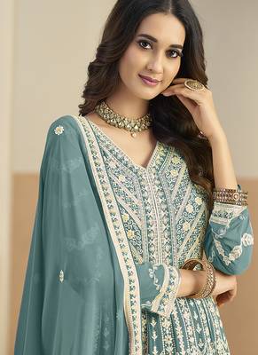 Faux georgette embroidered turquoise anarkali salwar kameez 4