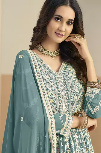 Faux georgette embroidered turquoise anarkali salwar kameez