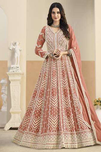 Faux georgette embroidered peach anarkali salwar kameez