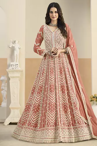 Faux georgette embroidered peach anarkali salwar kameez