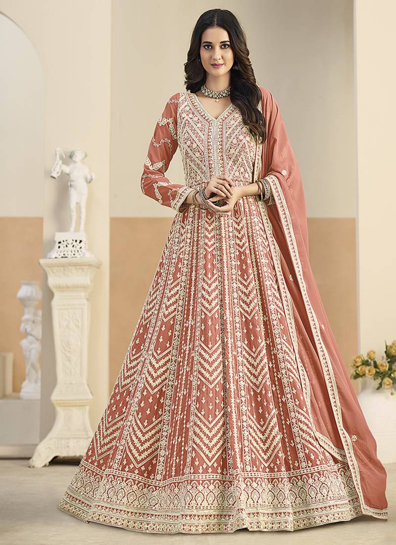 Faux georgette embroidered peach anarkali salwar kameez