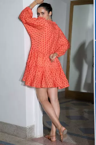 Orange printed pure cotton mini dress