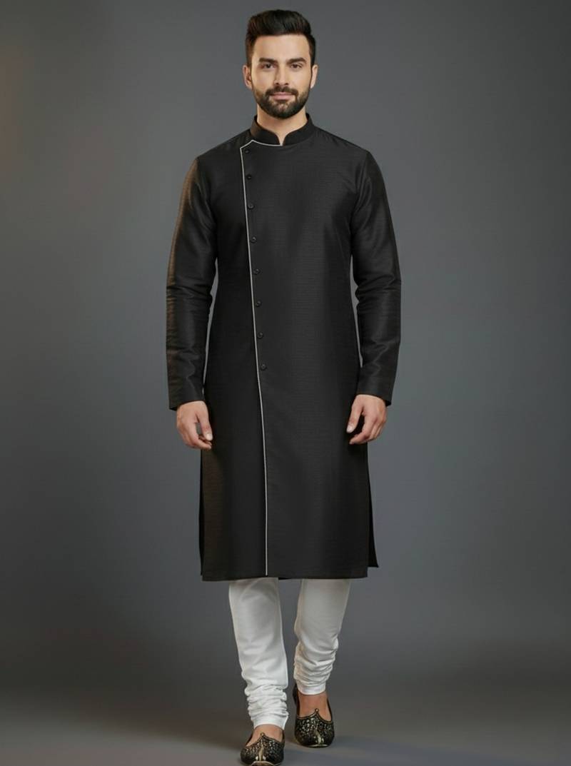 Black embroidery dupion silk kurta set