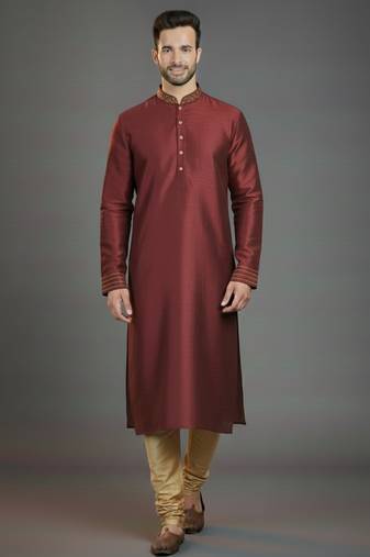 Maroon embroidery dupion silk kurta set