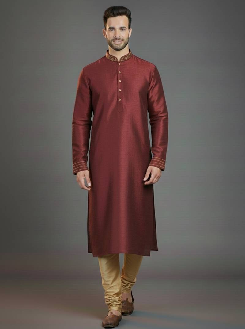 Maroon embroidery dupion silk kurta set