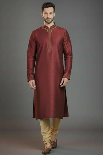 Maroon embroidery dupion silk kurta set