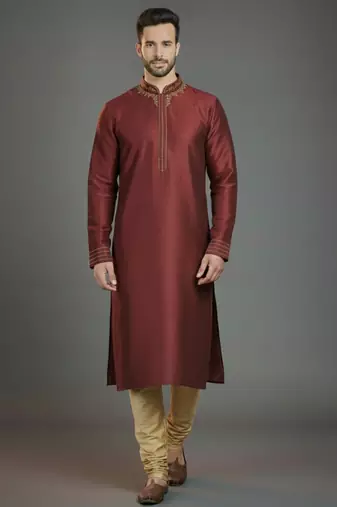 Maroon embroidery dupion silk kurta set