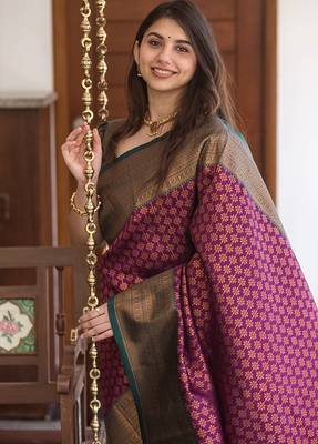 Wine silk blend banarasi saree with blouse 2