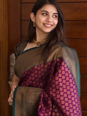 Wine silk blend banarasi saree with blouse 3