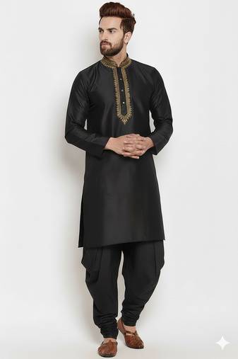 Black embroidery dupion silk kurta set
