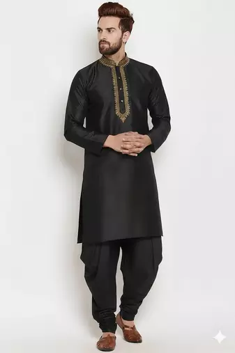 Black embroidery dupion silk kurta set