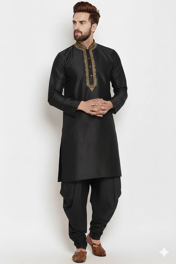 Black embroidery dupion silk kurta set