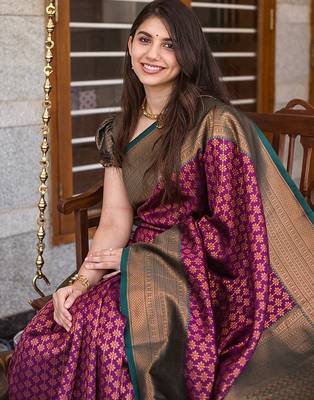 Wine silk blend banarasi saree with blouse 4
