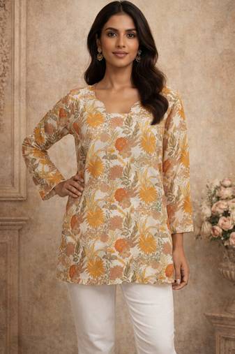 Trending floral digital print muslin silk tunic / stylish short kurti for grilish