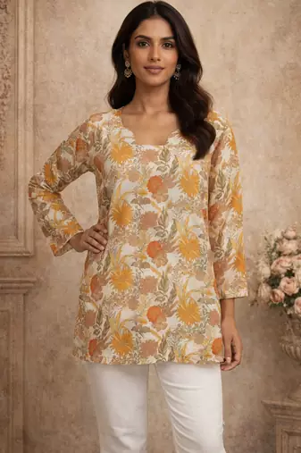 Trending floral digital print muslin silk tunic / stylish short kurti for grilish