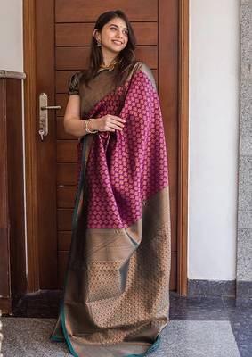 Wine silk blend banarasi saree with blouse 1