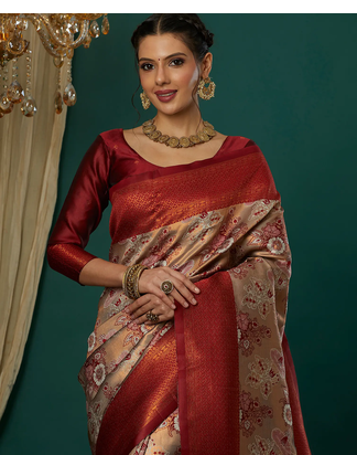 cream maroon silk blend banarasi saree with unstitched blouse piece 3
