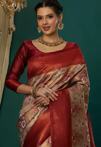 cream maroon silk blend banarasi saree with unstitched blouse piece