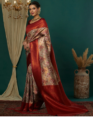 cream maroon silk blend banarasi saree with unstitched blouse piece 4