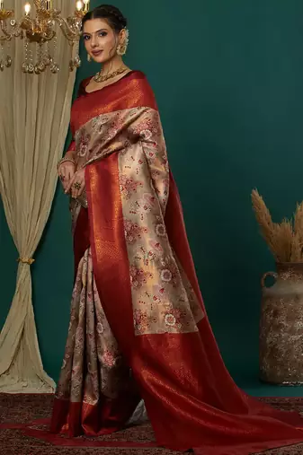 cream maroon silk blend banarasi saree with unstitched blouse piece