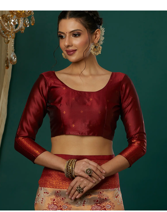 cream maroon silk blend banarasi saree with unstitched blouse piece 5