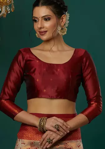 cream maroon silk blend banarasi saree with unstitched blouse piece