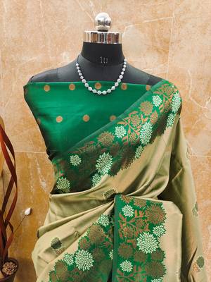 pista green silk blend banarasi saree with unstitched blouse piece 2