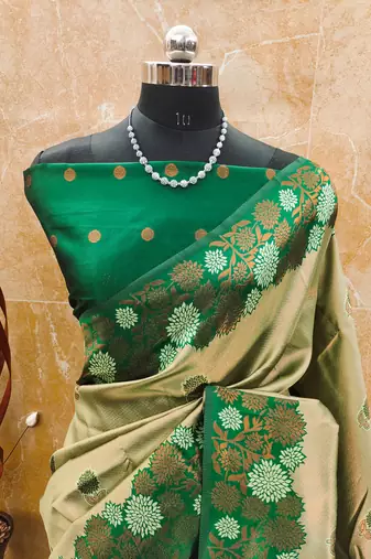 pista green silk blend banarasi saree with unstitched blouse piece