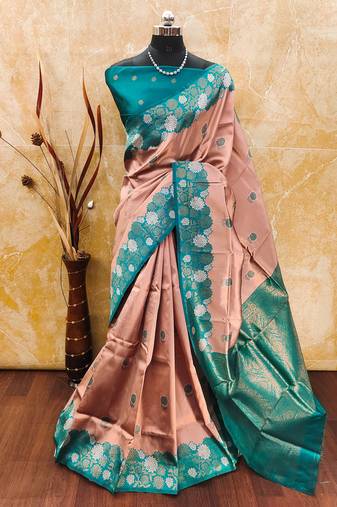 Rama peach soft silk blend banarasi jacuard work designer party wear saree with unstitched blouse piece