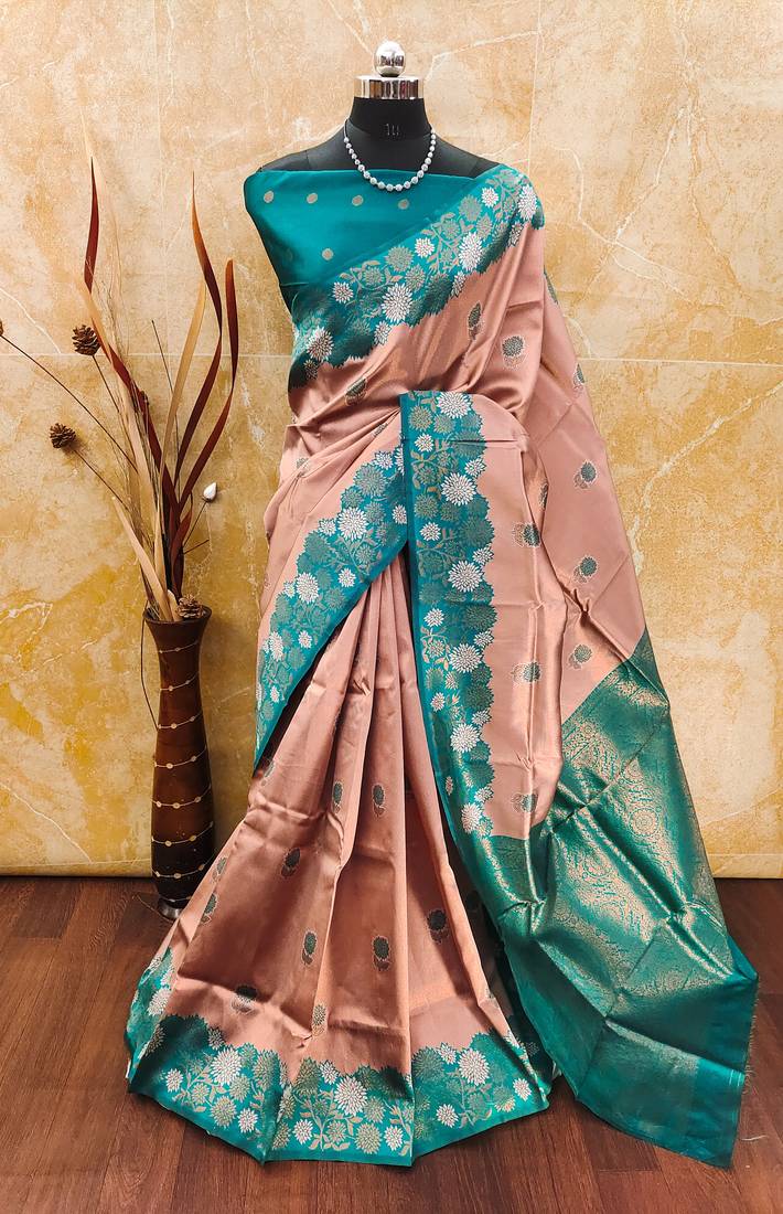 Rama peach soft silk blend banarasi jacuard work designer party wear saree with unstitched blouse piece