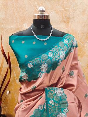 Rama peach silk blend banarasi saree with unstitched blouse piece 2