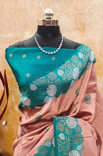 Rama peach silk blend banarasi saree with unstitched blouse piece