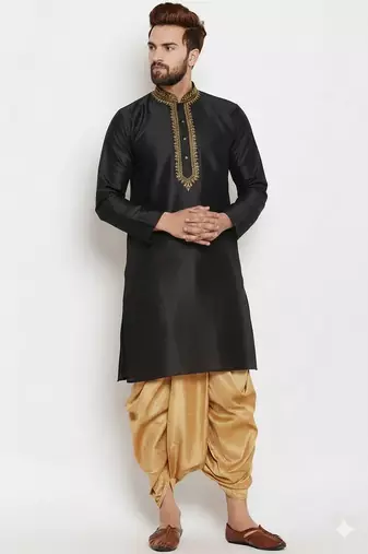 Black embroidery dupion silk kurta set